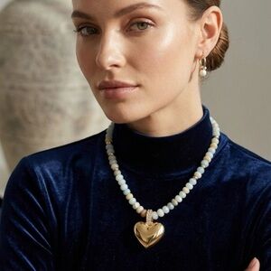 Gold  Pl Heart Pendant Beaded Amazonite Necklace